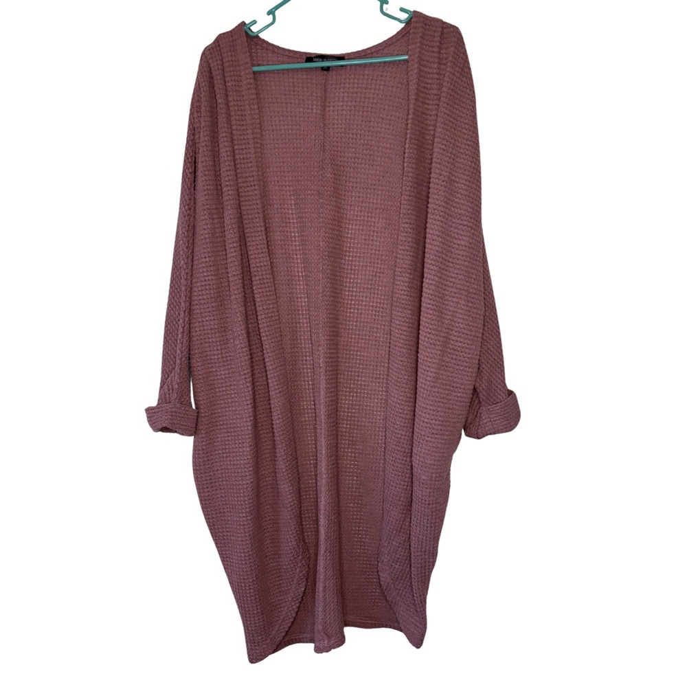 Merokeety Open Front Long Waffle Knit Long Sleeve Cardigan - Dusty Mauve